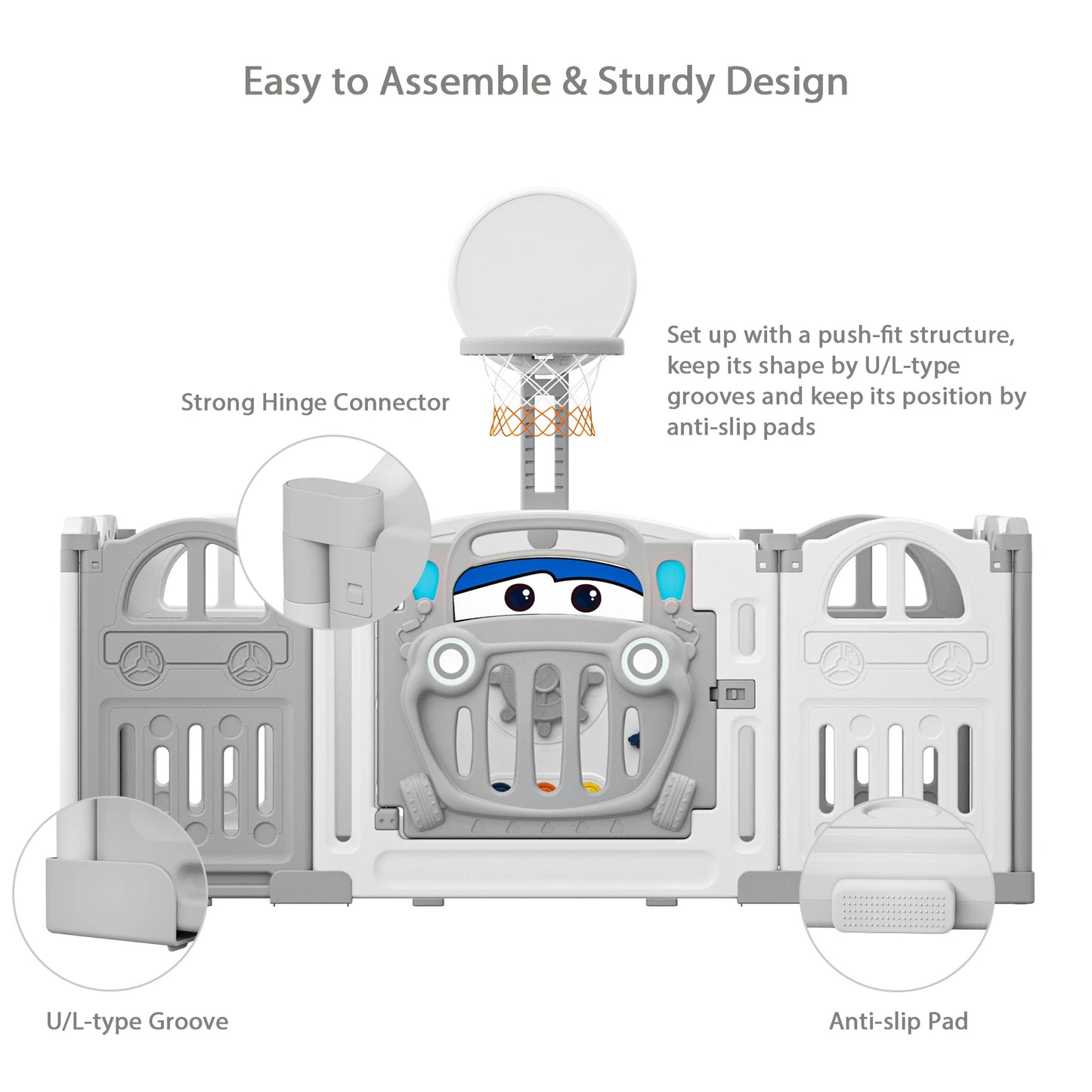 LittleMaylah™ Foldable Baby Playpen with Basketball Hoop & 50 Coloured Pit Balls – 14-Panel Safety Fence for Toddlers & Infants