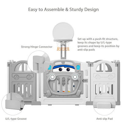LittleMaylah™ Foldable Baby Playpen with Basketball Hoop & 50 Coloured Pit Balls – 14-Panel Safety Fence for Toddlers & Infants