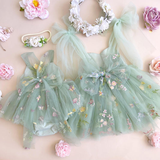 LittleMaylah Floral Embroidered Tulle Kids Party Wear Sweet Girl Romper Dress
