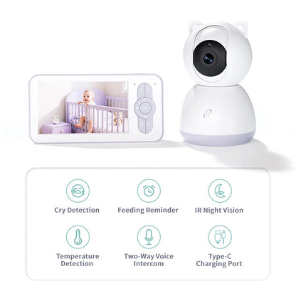 5 Inch Video Baby Monitor Crying Temperature Monitoring Pan-Tilt Rotating Baby Monitor Camera