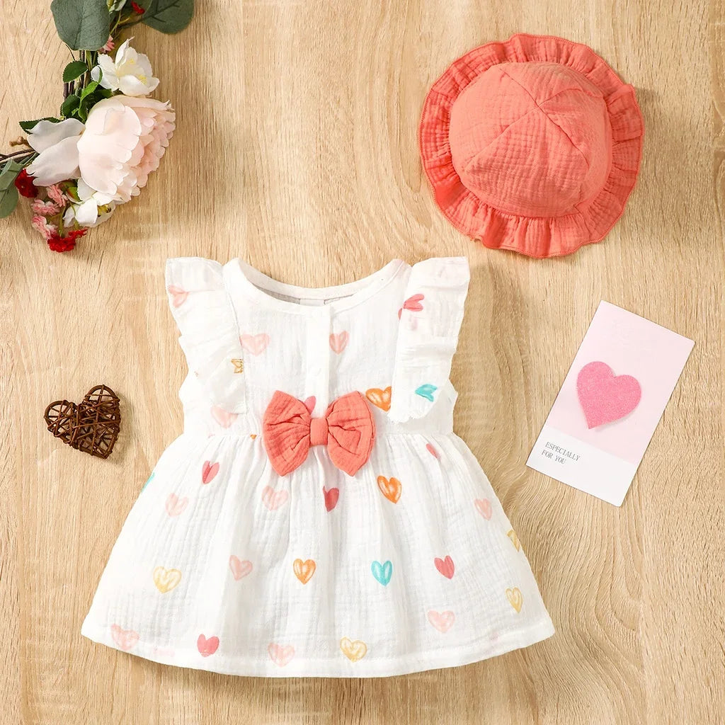 LittleMaylah™ 2-Piece Newborn Baby Girl Dress Set – Sleeveless Love Print Dress with Matching Hat