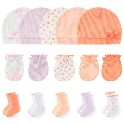 LittleMaylah™ 15-Piece Newborn Baby Accessories Set – 100% Cotton Hats, Gloves & Socks with Cartoon Prints (0-6M, Unisex)