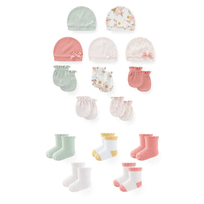 LittleMaylah™ 15-Piece Newborn Baby Accessories Set – 100% Cotton Hats, Gloves & Socks with Cartoon Prints (0-6M, Unisex)