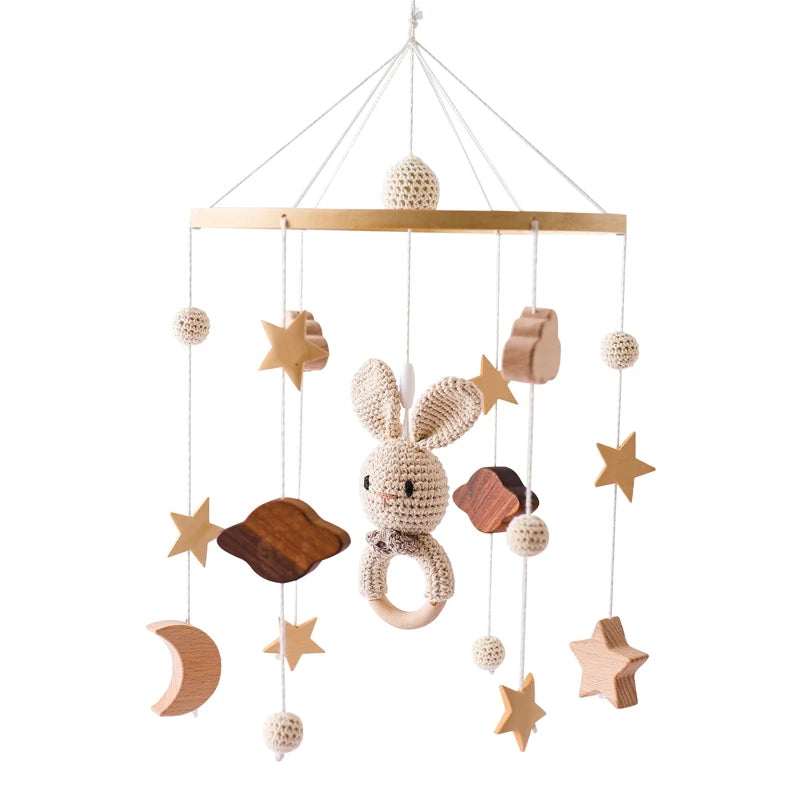 LittleMaylah™ Baby Wooden Bed Bell – Cartoon Rabbit Crib Mobile with Hanging Rattles