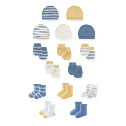 LittleMaylah™ 15-Piece Newborn Baby Accessories Set – 100% Cotton Hats, Gloves & Socks with Cartoon Prints (0-6M, Unisex)