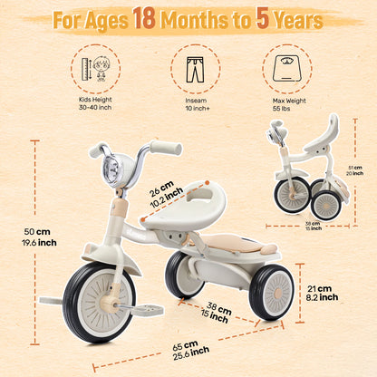 Toddler Tricycle Foldable Kids Pedal Trike Pedal 3 Wheels Baby Walker Trike for Boys Girls 1-4 Years Old Rear