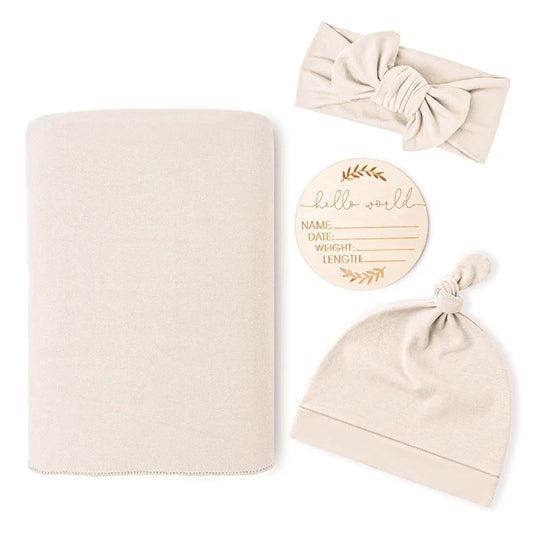 LittleMaylah™ Newborn Swaddle Gift Set – 4-Piece Receiving Blanket with Matching Headband & Beanie