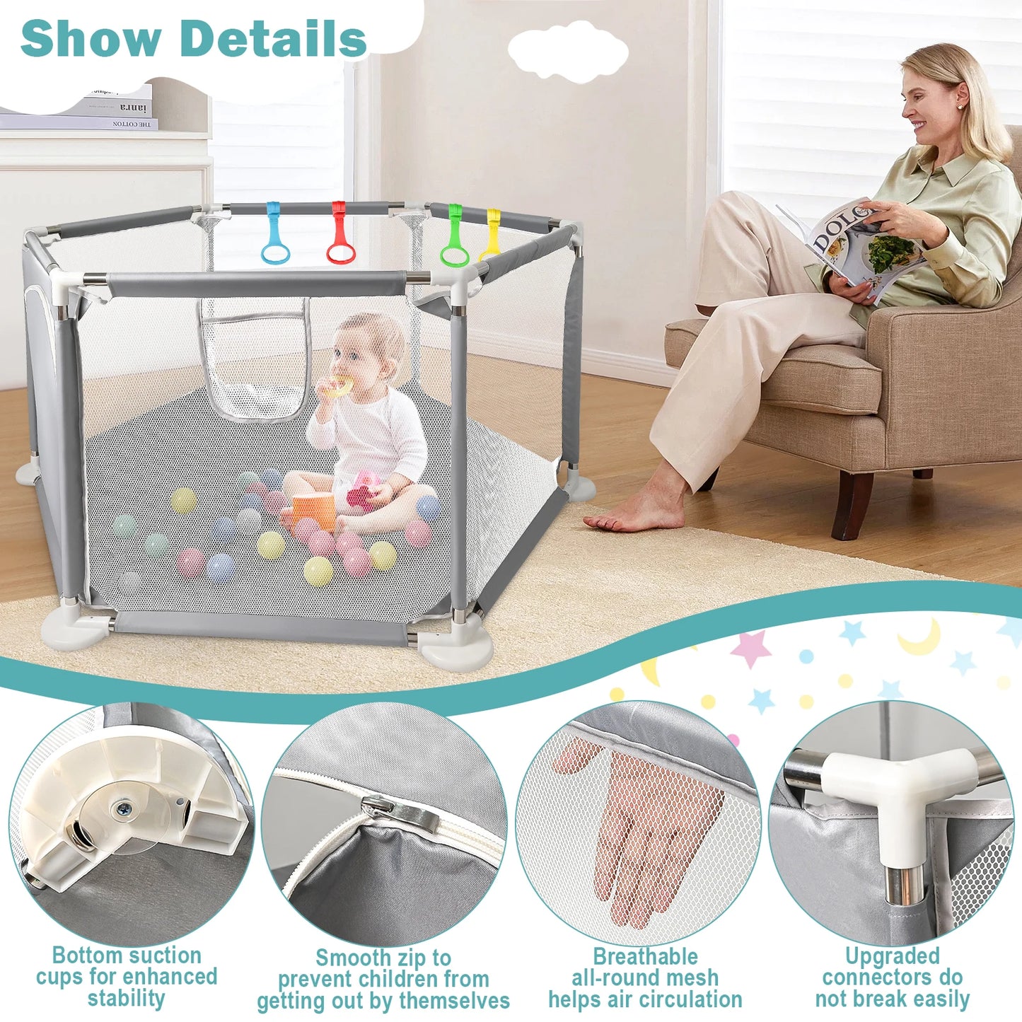 Baby Playpen for Baby and Toddlers, Sturdy Six Sides Play Pen with Breathable Mesh, Kids Activity Play Fence for Indoor Outdoor