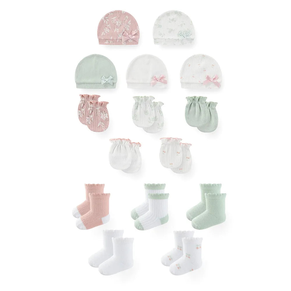 LittleMaylah™ 15-Piece Newborn Baby Accessories Set – 100% Cotton Hats, Gloves & Socks with Cartoon Prints (0-6M, Unisex)