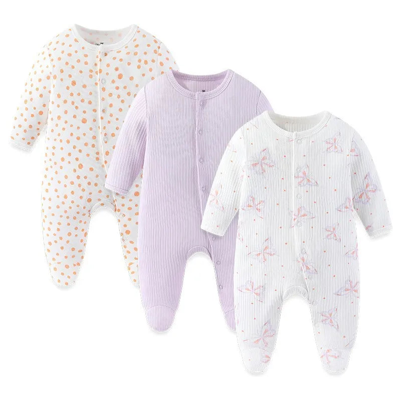 LittleMaylah™ 3pcs Baby Rompers – 100% Cotton, Long Sleeve, Solid Color Newborn Outfit Set (0-12M)