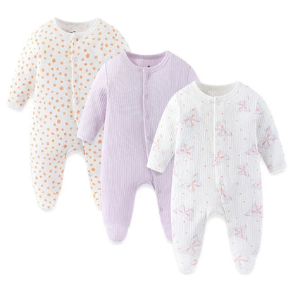 LittleMaylah™ 3pcs Baby Rompers – 100% Cotton, Long Sleeve, Solid Color Newborn Outfit Set (0-12M)