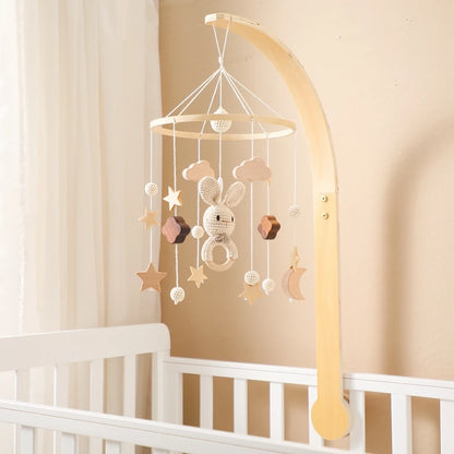 LittleMaylah™ Baby Wooden Bed Bell – Cartoon Rabbit Crib Mobile with Hanging Rattles