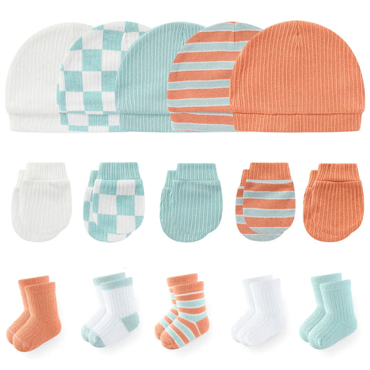 LittleMaylah™ 15-Piece Newborn Baby Accessories Set – 100% Cotton Hats, Gloves & Socks with Cartoon Prints (0-6M, Unisex)