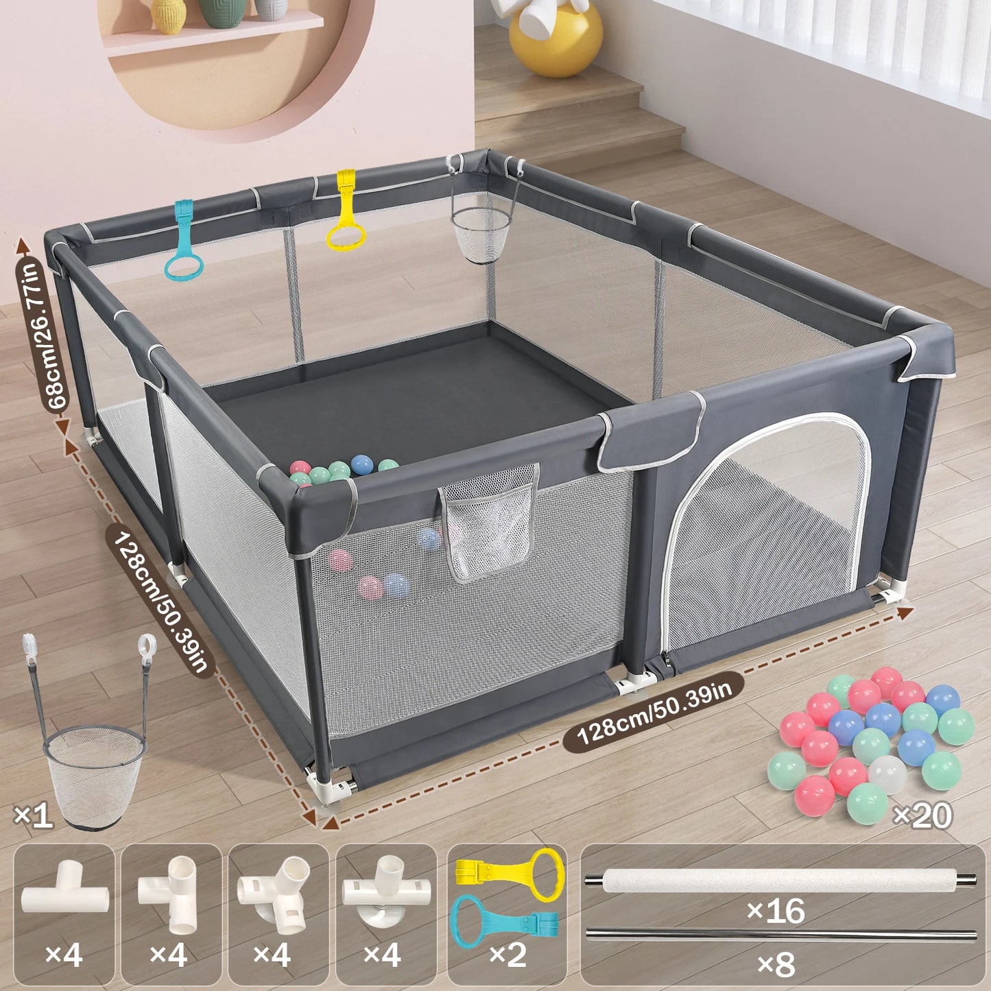 Baby Playpen 128×128×68 cm with Anti-Collision Foam, Baby Fence with Breathable Mesh Indoor Outdoor Play Yard for Babies and Tod