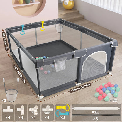 Baby Playpen 128×128×68 cm with Anti-Collision Foam, Baby Fence with Breathable Mesh Indoor Outdoor Play Yard for Babies and Tod