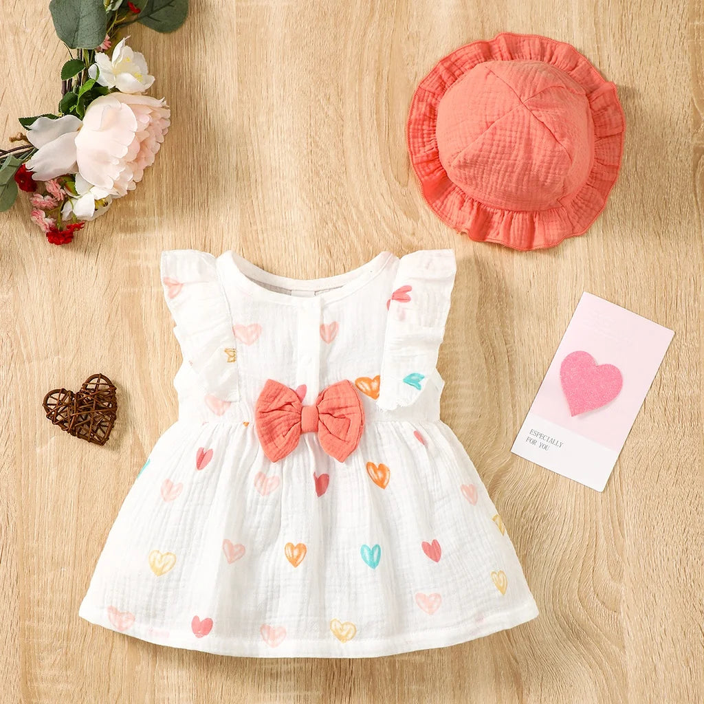 LittleMaylah™ 2-Piece Newborn Baby Girl Dress Set – Sleeveless Love Print Dress with Matching Hat