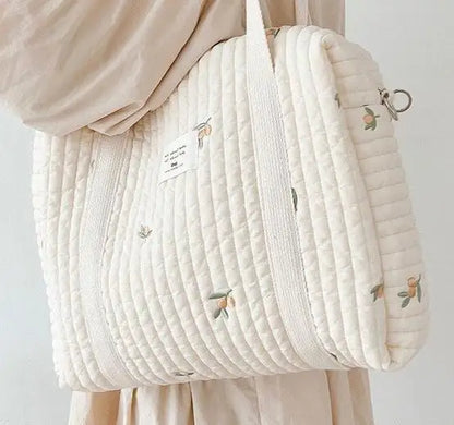 LittleMaylah™ Cute Bear Flower Embroidery Pattern Baby Beige Cotton Fabric Zipper Diaper Handbag New Luggage Bag