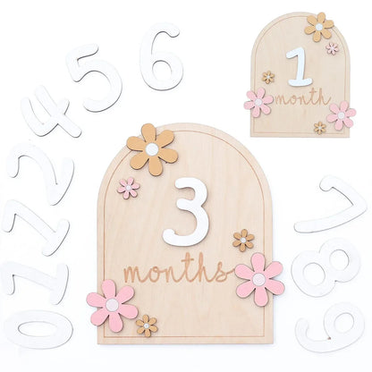 LittleMaylah™ Photography Props Baby Milestone Photo Props Wooden Baby Monthly Milestone Cards 3D Flowers Double Sides
