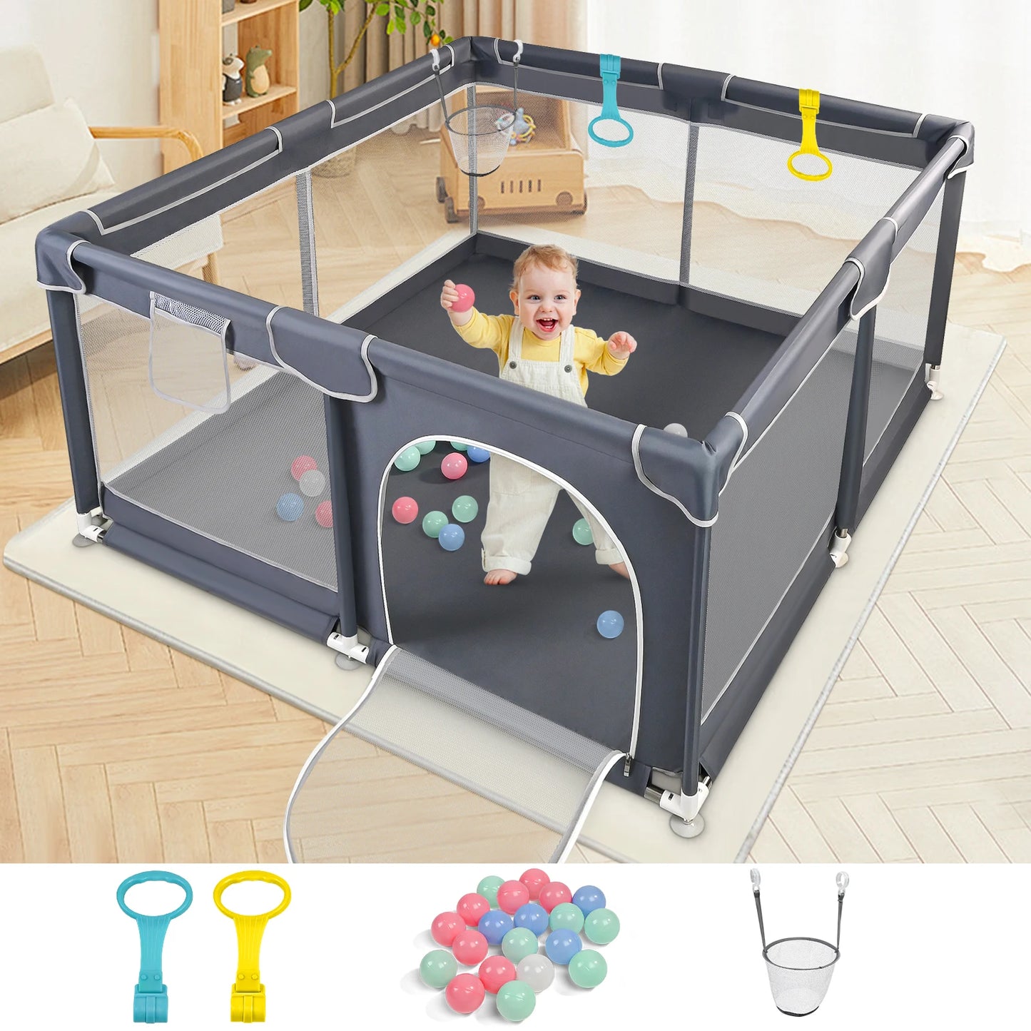 Baby Playpen 128×128×68 cm with Anti-Collision Foam, Baby Fence with Breathable Mesh Indoor Outdoor Play Yard for Babies and Tod