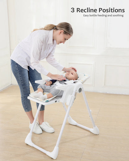 Baby Highchair 6 Months Plus Baby Eating High Chair with Foldable, Reclining, Double Tray, Easy Clean Feeding Highchair