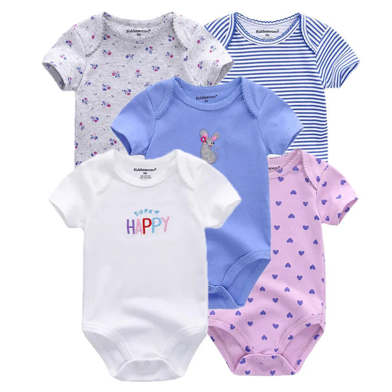 LittleMaylah™ 5-Pack Soft Cotton Baby Bodysuits – Cartoon Short Sleeve Onesies for Newborn Boys & Girls