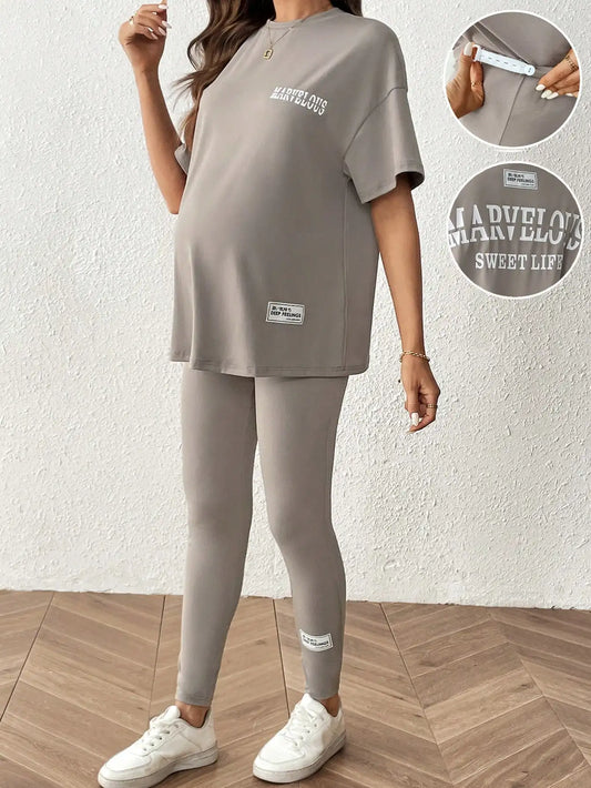 Gray casual pregnant women large size round neck short sleeve nine-point pants home two-piece set