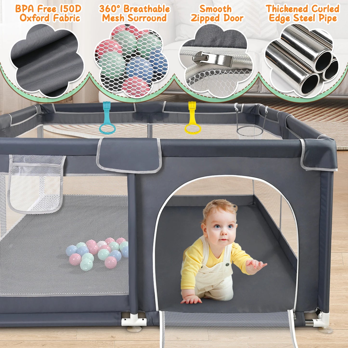Baby Playpen 128×128×68 cm with Anti-Collision Foam, Baby Fence with Breathable Mesh Indoor Outdoor Play Yard for Babies and Tod