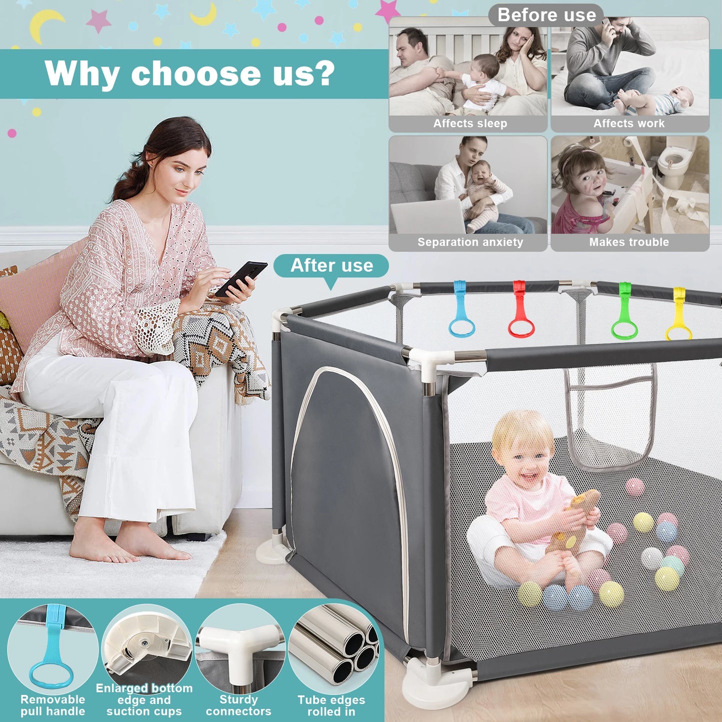 Baby Playpen for Baby and Toddlers, Sturdy Six Sides Play Pen with Breathable Mesh, Kids Activity Play Fence for Indoor Outdoor