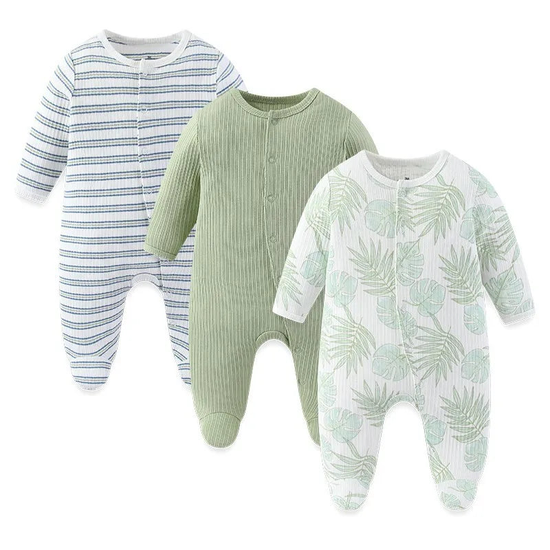 LittleMaylah™ 3pcs Baby Rompers – 100% Cotton, Long Sleeve, Solid Color Newborn Outfit Set (0-12M)