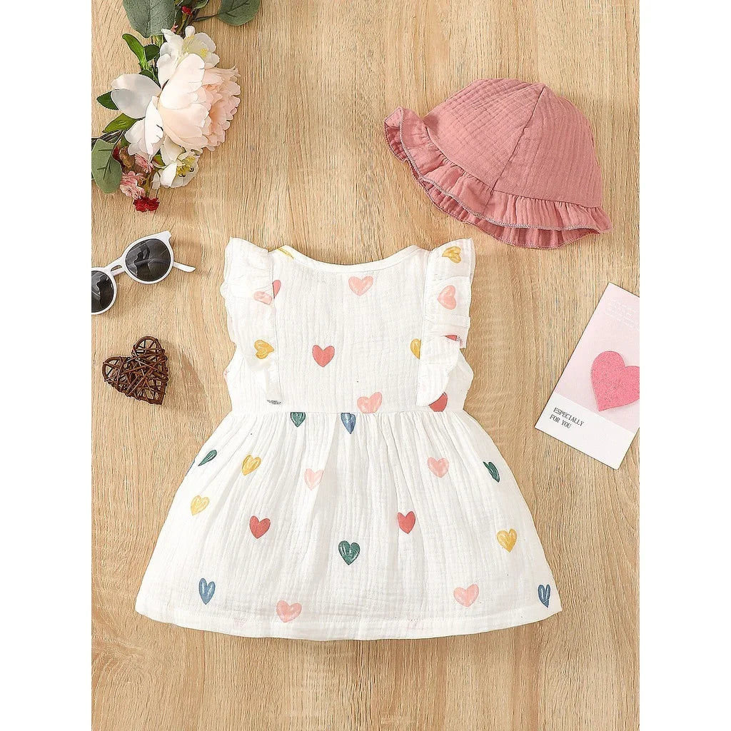 LittleMaylah™ 2-Piece Newborn Baby Girl Dress Set – Sleeveless Love Print Dress with Matching Hat