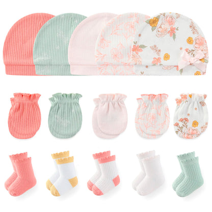 LittleMaylah™ 15-Piece Newborn Baby Accessories Set – 100% Cotton Hats, Gloves & Socks with Cartoon Prints (0-6M, Unisex)