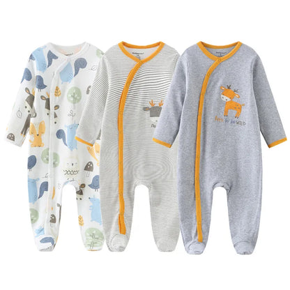 LittleMaylah™ 3pcs Baby Rompers – 100% Cotton, Long Sleeve, Solid Color Newborn Outfit Set (0-12M)