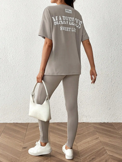 Gray casual pregnant women large size round neck short sleeve nine-point pants home two-piece set