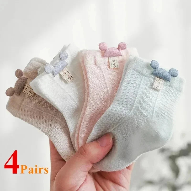 LittleMaylah™ 4-Pair Baby Mesh Socks Set – Soft Cotton Breathable Cartoon Socks for Newborns & Toddlers