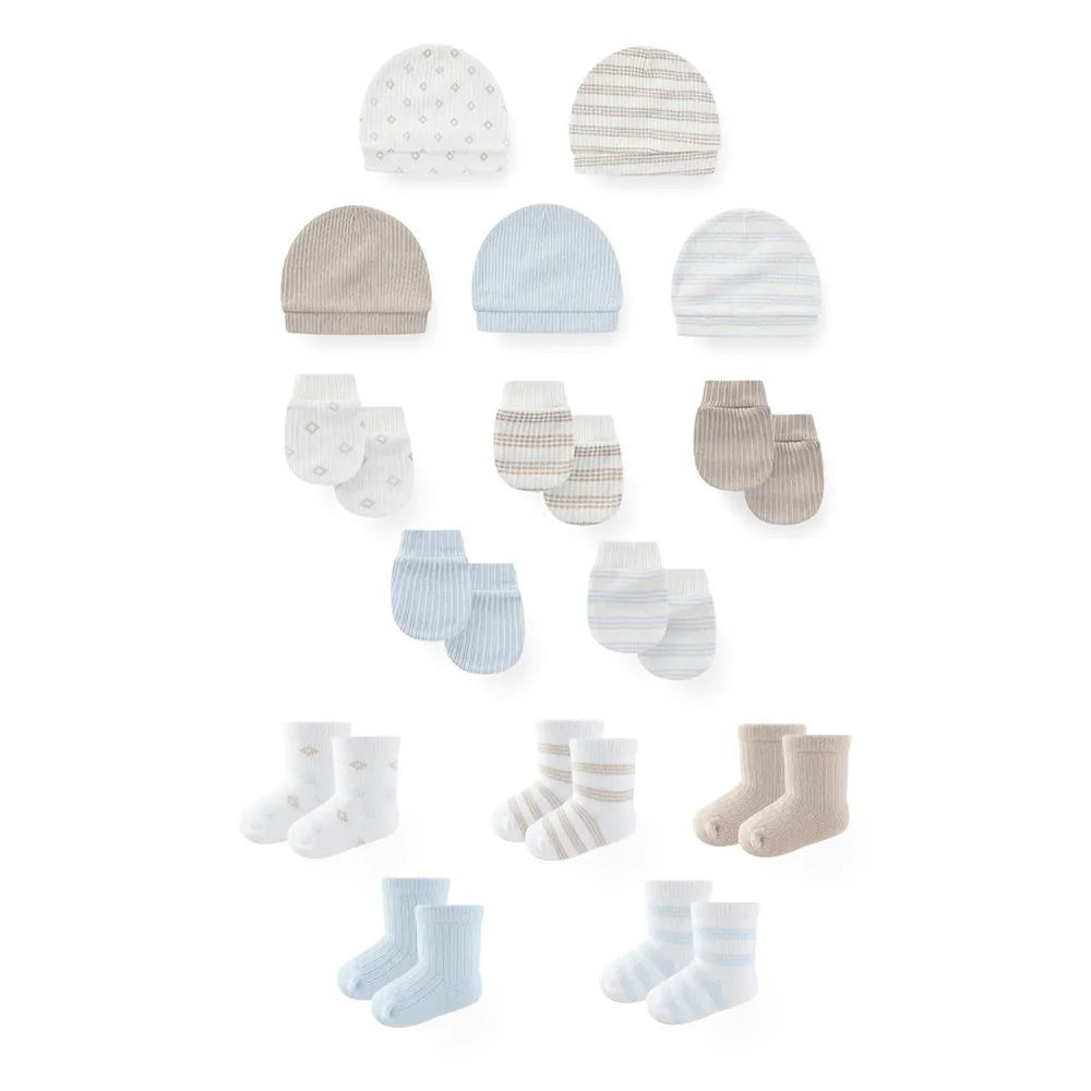 LittleMaylah™ 15-Piece Newborn Baby Accessories Set – 100% Cotton Hats, Gloves & Socks with Cartoon Prints (0-6M, Unisex)