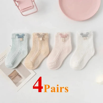 LittleMaylah™ 4-Pair Baby Mesh Socks Set – Soft Cotton Breathable Cartoon Socks for Newborns & Toddlers