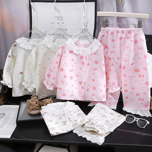 LittleMaylah™ Girls Kids Home Clothes Set – Loose Thin Pajamas with Lace & Floral Design