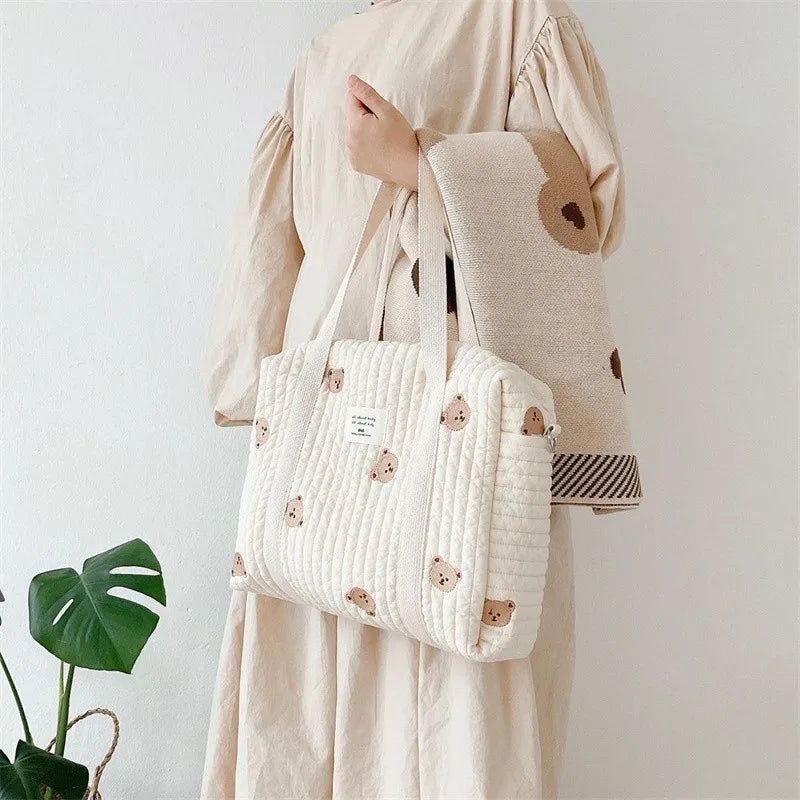 LittleMaylah™ Cute Bear Flower Embroidery Pattern Baby Beige Cotton Fabric Zipper Diaper Handbag New Luggage Bag