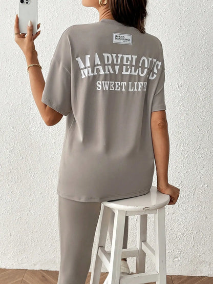 Gray casual pregnant women large size round neck short sleeve nine-point pants home two-piece set