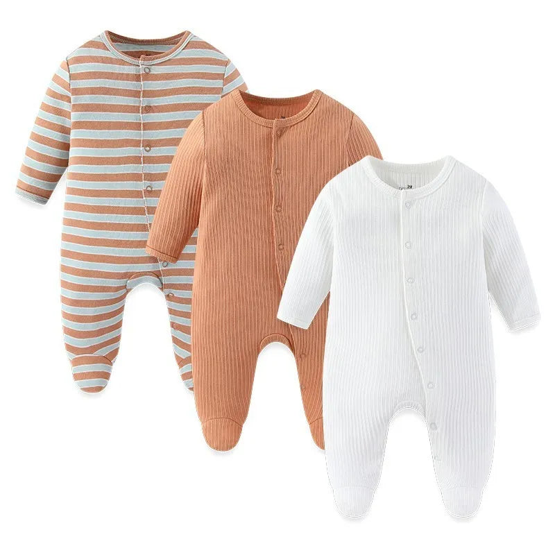 LittleMaylah™ 3pcs Baby Rompers – 100% Cotton, Long Sleeve, Solid Color Newborn Outfit Set (0-12M)