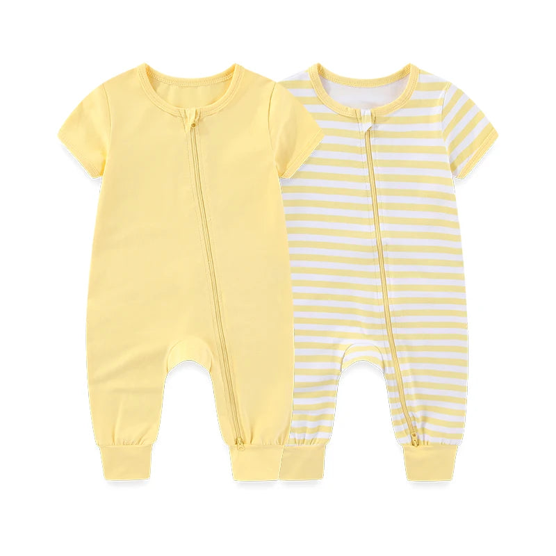 LittleMaylah™ 2-Piece Baby Romper Set – Solid Short Sleeve Cotton Zipper Jumpsuits (Unisex)