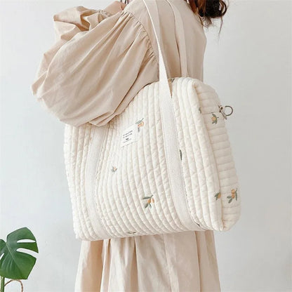 LittleMaylah™ Cute Bear Flower Embroidery Pattern Baby Beige Cotton Fabric Zipper Diaper Handbag New Luggage Bag