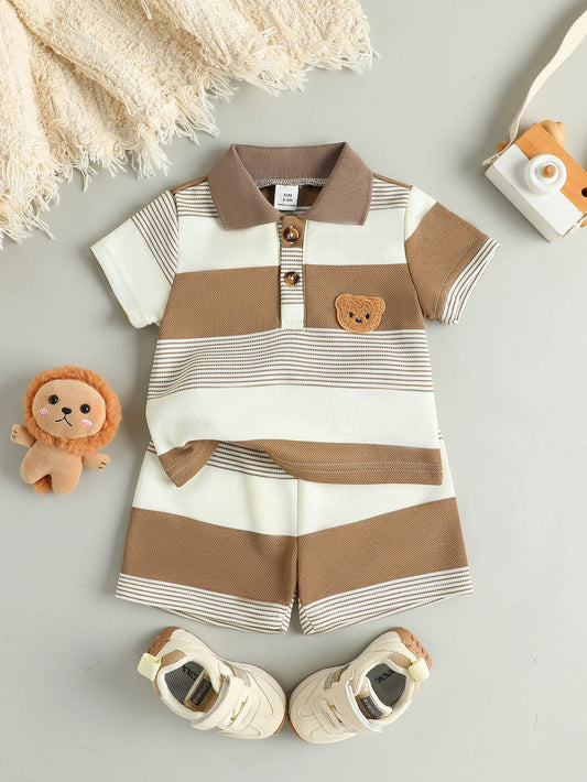 LittleMaylah™  Regular Striped Teddy Bear Short T-Shirt and Shorts Casual Sport Two-Piece Set