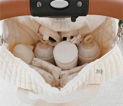 LittleMaylah™ Cute Bear Flower Embroidery Pattern Baby Beige Cotton Fabric Zipper Diaper Handbag New Luggage Bag