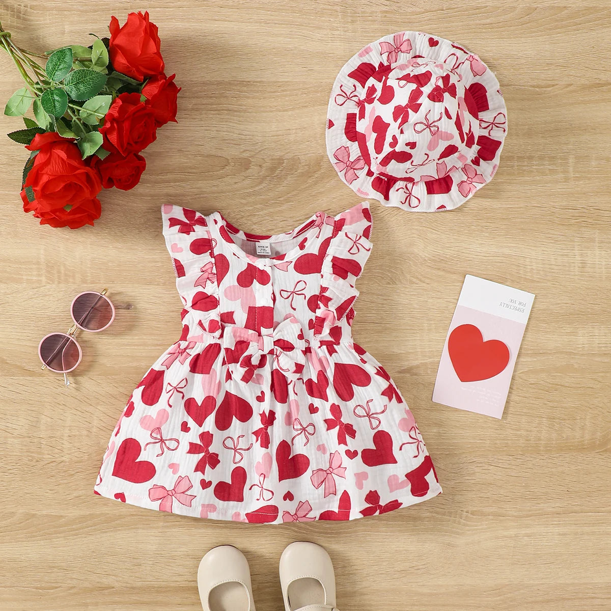 LittleMaylah™ 2-Piece Newborn Baby Girl Dress Set – Sleeveless Love Print Dress with Matching Hat