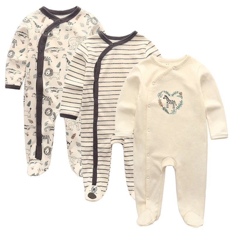 LittleMaylah™ 3pcs Baby Rompers – 100% Cotton, Long Sleeve, Solid Color Newborn Outfit Set (0-12M)