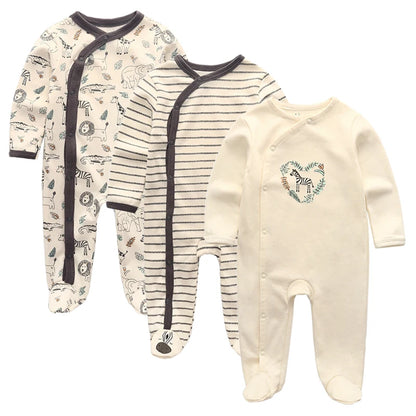LittleMaylah™ 3pcs Baby Rompers – 100% Cotton, Long Sleeve, Solid Color Newborn Outfit Set (0-12M)