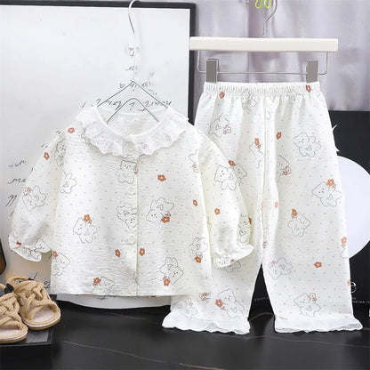 LittleMaylah™ Girls Kids Home Clothes Set – Loose Thin Pajamas with Lace & Floral Design