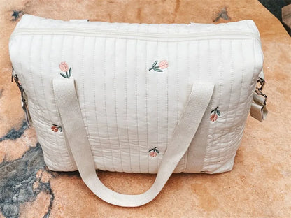 LittleMaylah™ Cute Bear Flower Embroidery Pattern Baby Beige Cotton Fabric Zipper Diaper Handbag New Luggage Bag