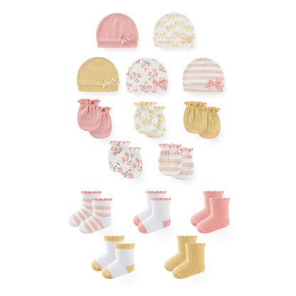 LittleMaylah™ 15-Piece Newborn Baby Accessories Set – 100% Cotton Hats, Gloves & Socks with Cartoon Prints (0-6M, Unisex)